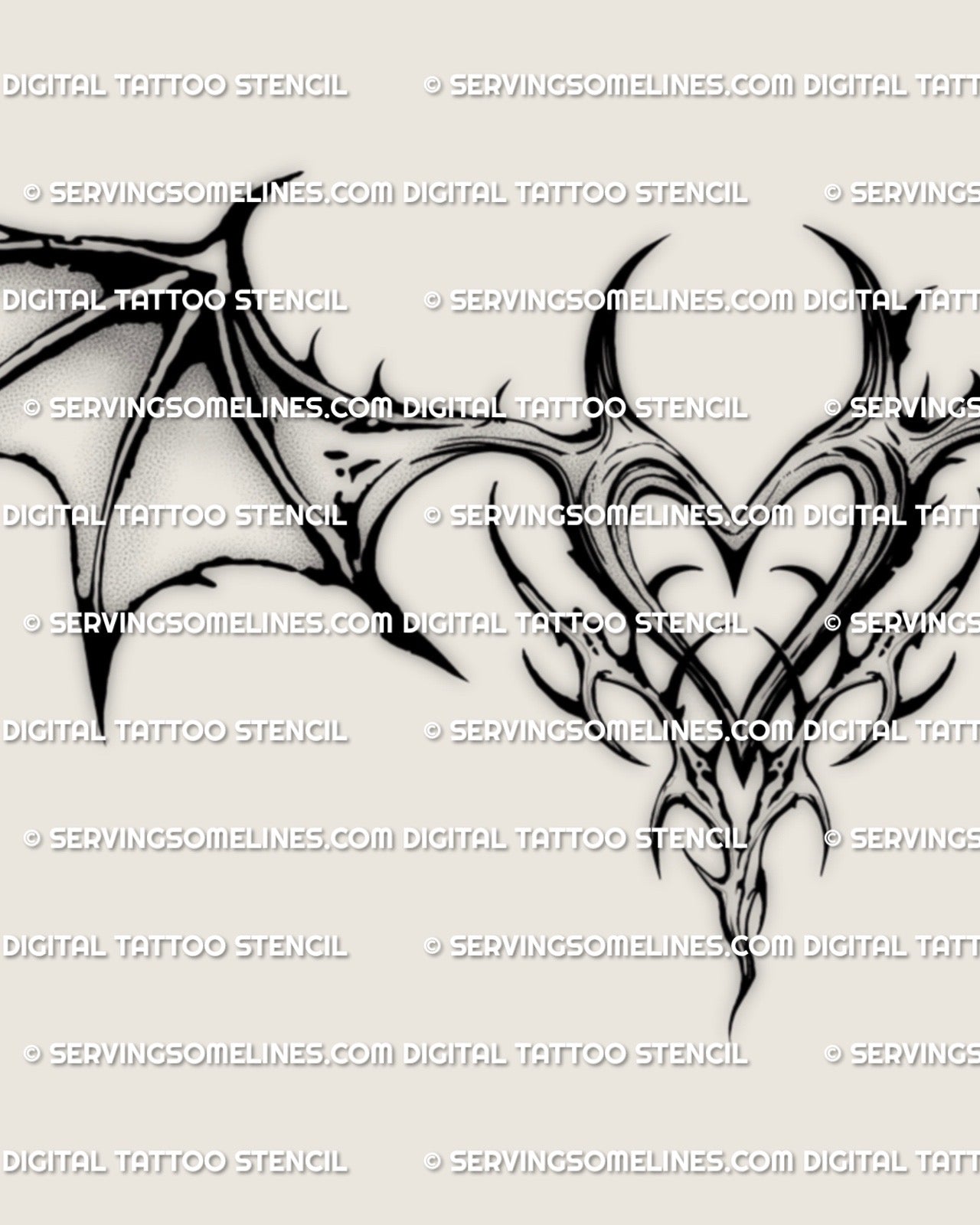 Close detail of the gothic bat wing heart lower back tattoo stencil, showing the pointed heart center and bat wing forms.