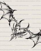 Gothic bat wing heart lower back tattoo stencil design shown as a full layout with a sculpted heart center and wide bat wing spread.