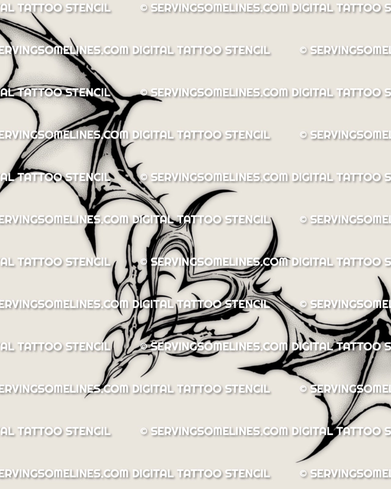 Gothic bat wing heart lower back tattoo stencil design shown as a full layout with a sculpted heart center and wide bat wing spread.
