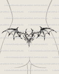 Gothic bat wing heart lower back tattoo stencil shown on women's lower back placement example with a pointed heart center and bat wings.
