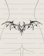 Gothic bat wing heart lower back tattoo stencil shown on women's lower back placement example with a pointed heart center and bat wings.
