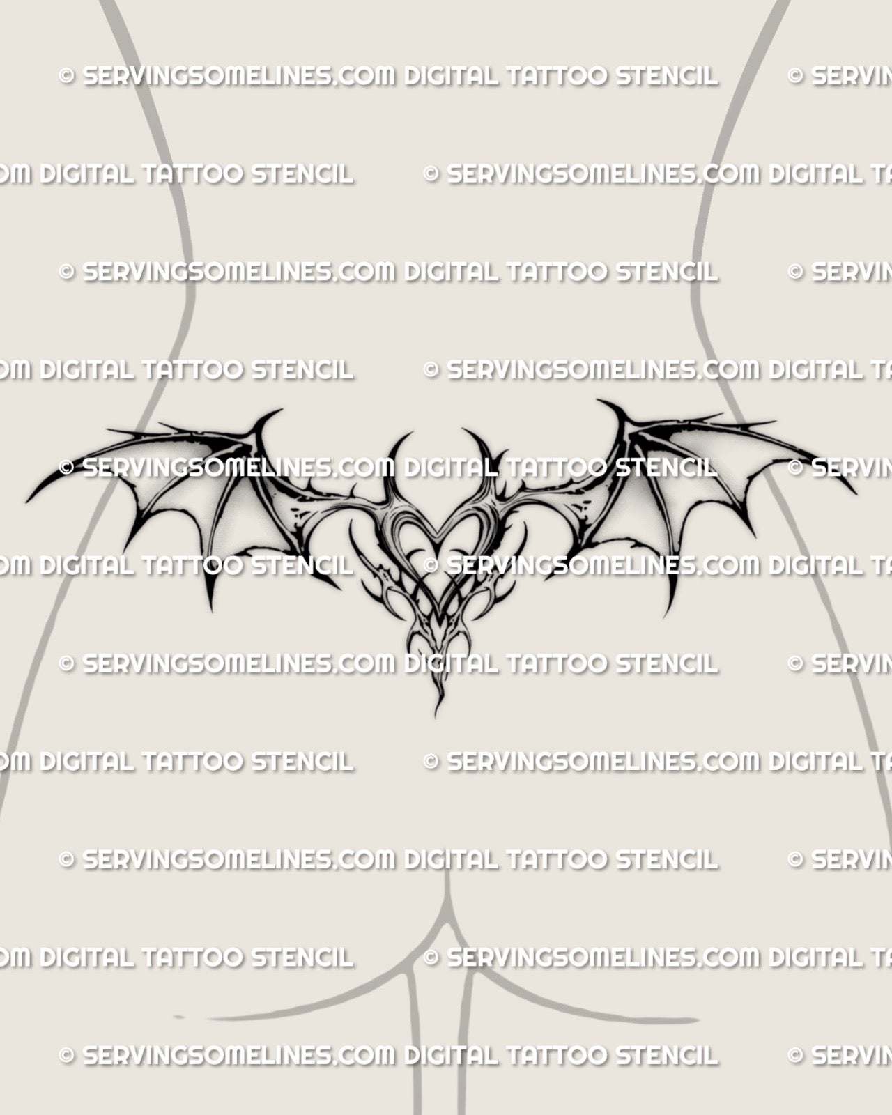 Gothic bat wing heart lower back tattoo stencil shown on women's lower back placement example with a pointed heart center and bat wings.