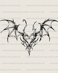 gothic bat wing heart tattoo stencil with dark feminine tribal shapes shown as a clean design layout for women seeking gothic tattoo ideas
