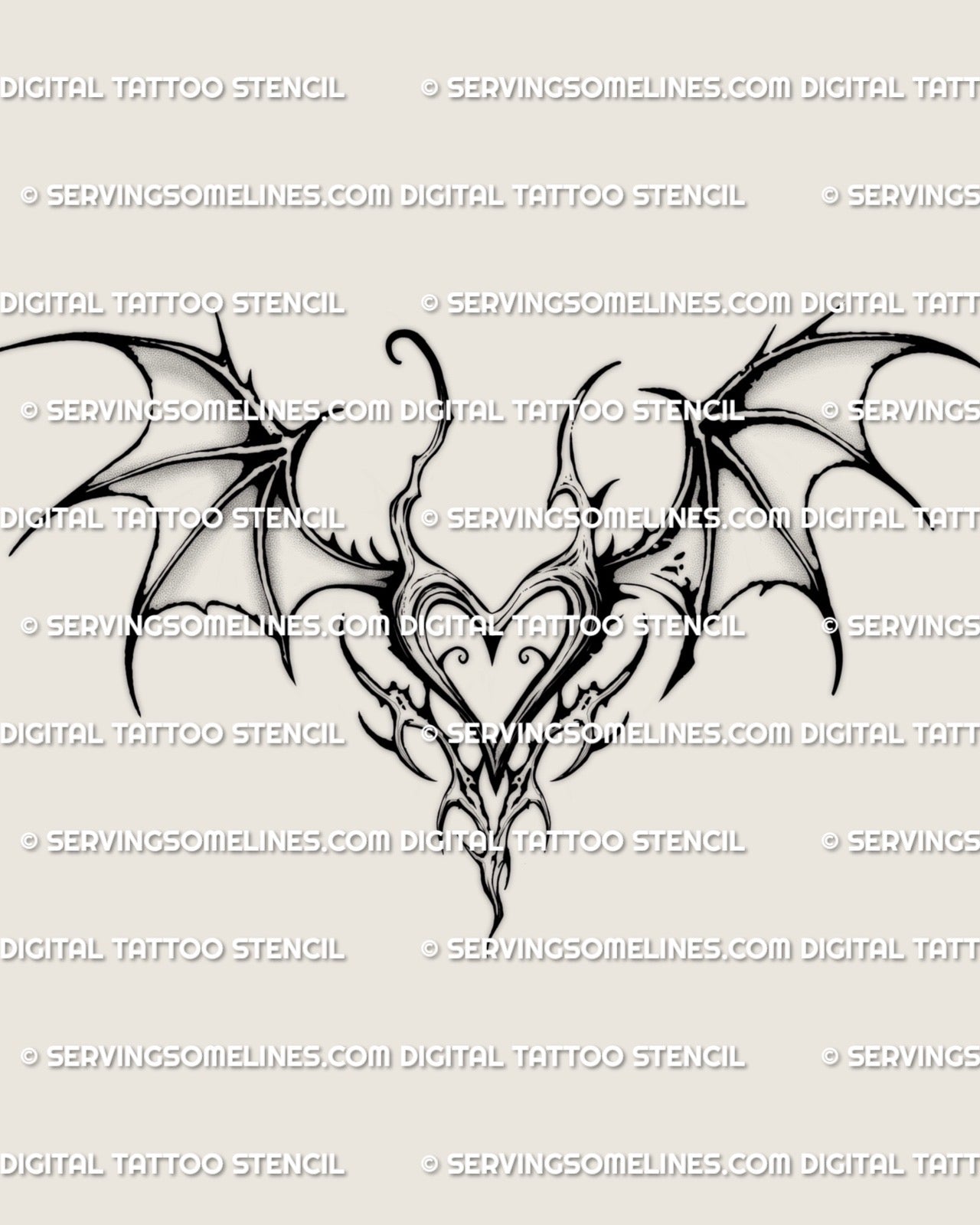 gothic bat wing heart tattoo stencil with dark feminine tribal shapes shown as a clean design layout for women seeking gothic tattoo ideas
