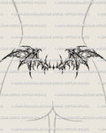 Gothic bat wing lower back tattoo stencil shown on female placement with webbed wings and dark gothic linework
