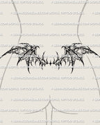 Gothic bat wing lower back tattoo stencil shown on female placement with webbed wings and dark gothic linework
