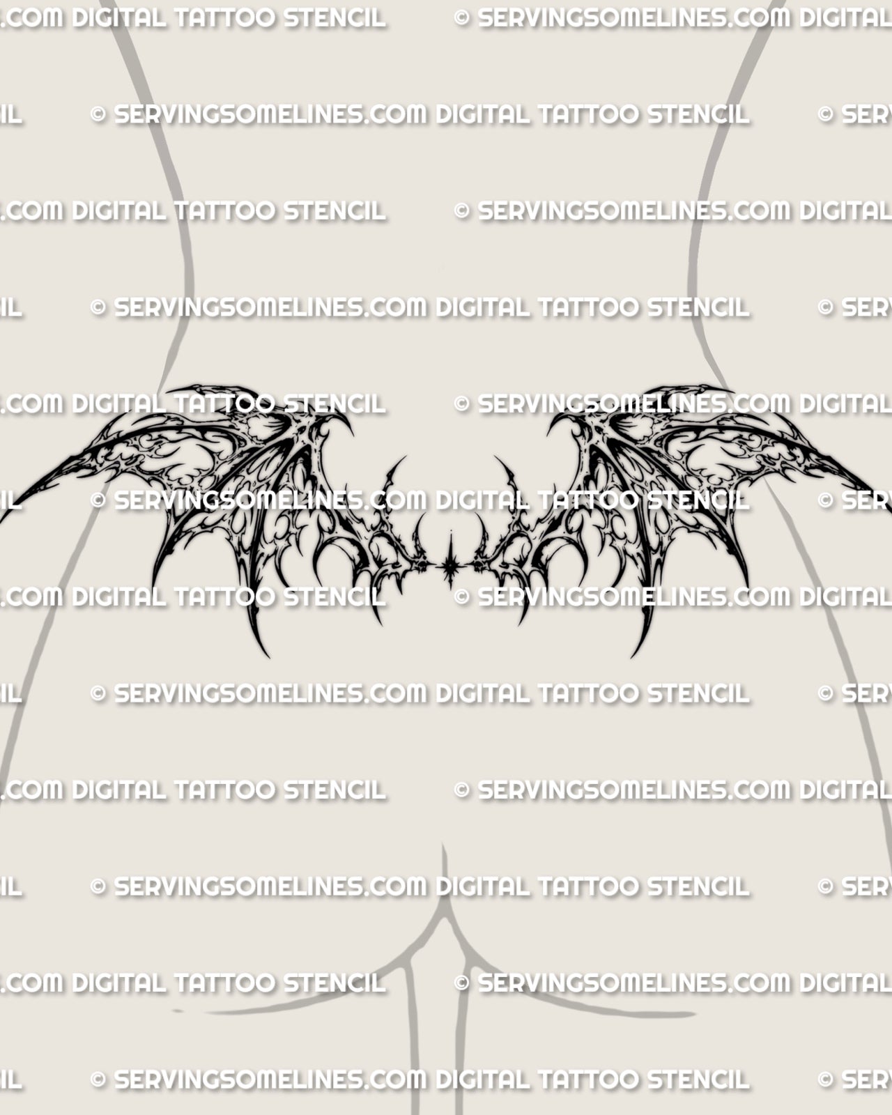 Gothic bat wing lower back tattoo stencil shown on female placement with webbed wings and dark gothic linework