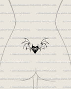 Gothic heart with bat wings tattoo design placed as a lower back tramp stamp, spooky cute barbed wire heart flash art. 