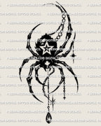 Gothic black spider tattoo stencil design with a star-centered body, long legs, and hanging charm detail