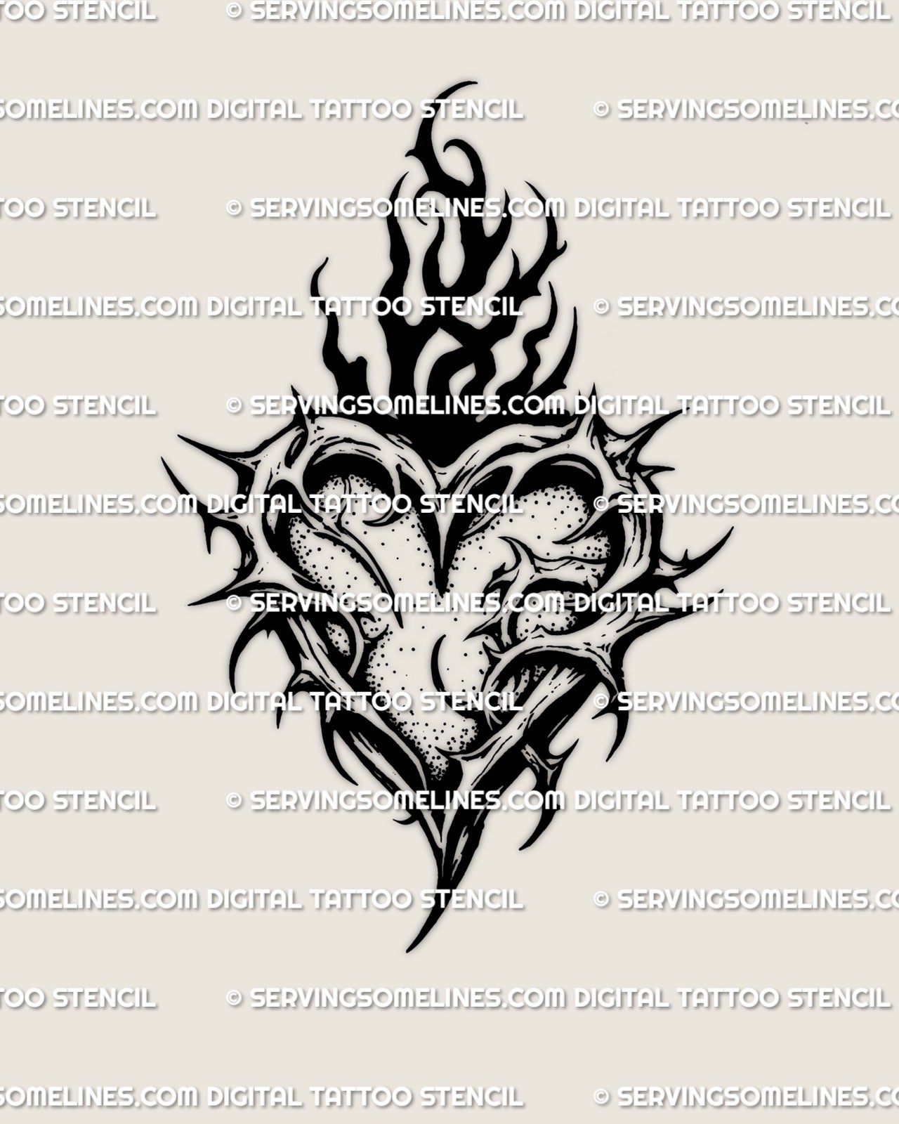 Gothic blackwork heart tattoo stencil with thorns and flame details, bold dark gothic design shown as a clean printable product file for buyers