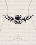 gothic blackwork rose tattoo stencil shown on lower back placement, thorn design made for buyers wanting a clean stencil file