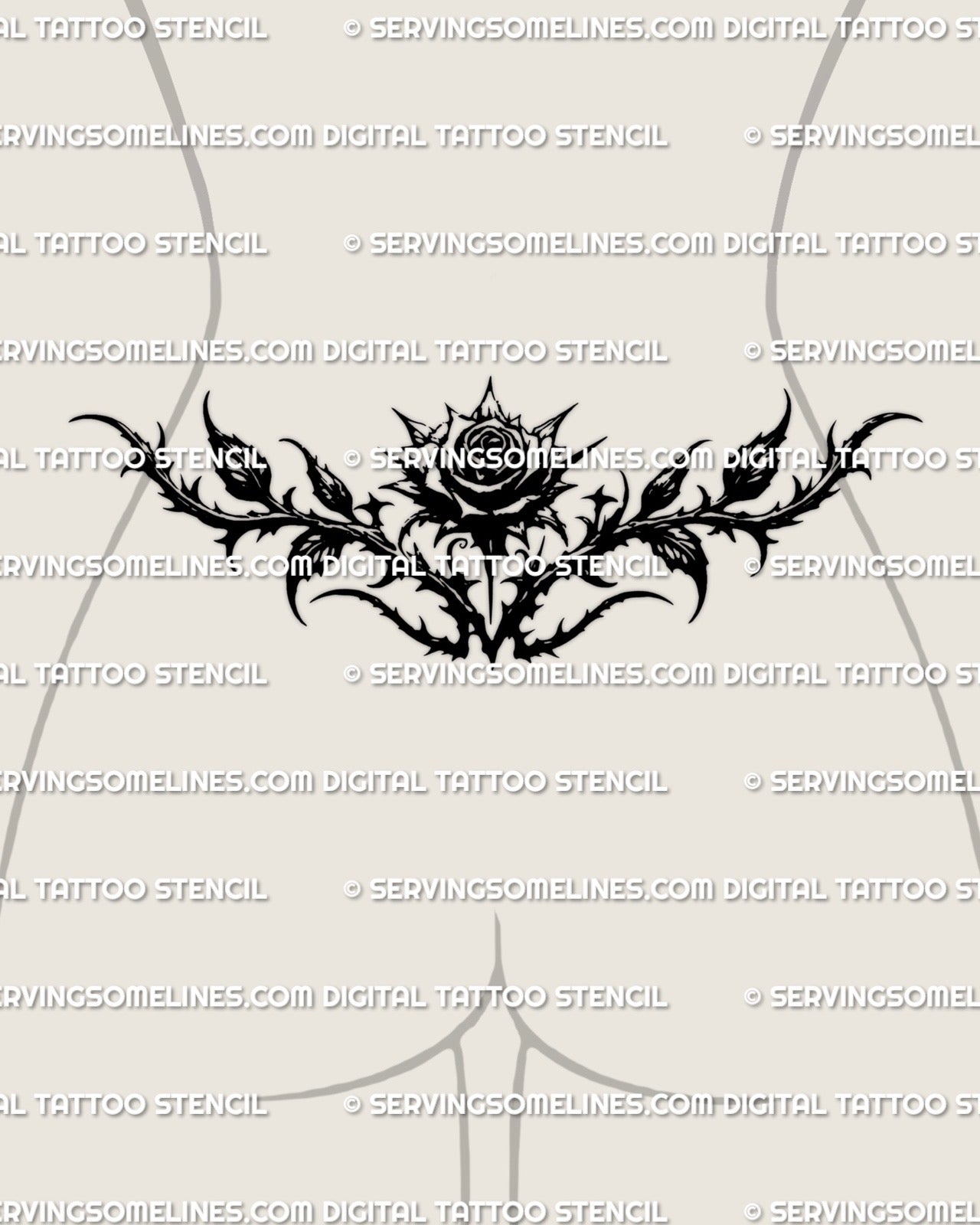 gothic blackwork rose tattoo stencil shown on lower back placement, thorn design made for buyers wanting a clean stencil file
