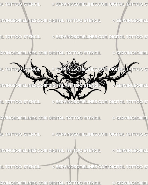 gothic blackwork rose tattoo stencil shown on lower back placement, thorn design made for buyers wanting a clean stencil file