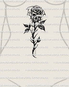 Gothic blackwork skull rose tattoo stencil shown on a woman’s sternum and upper stomach, dark floral skull artwork designed for clean stencil application
