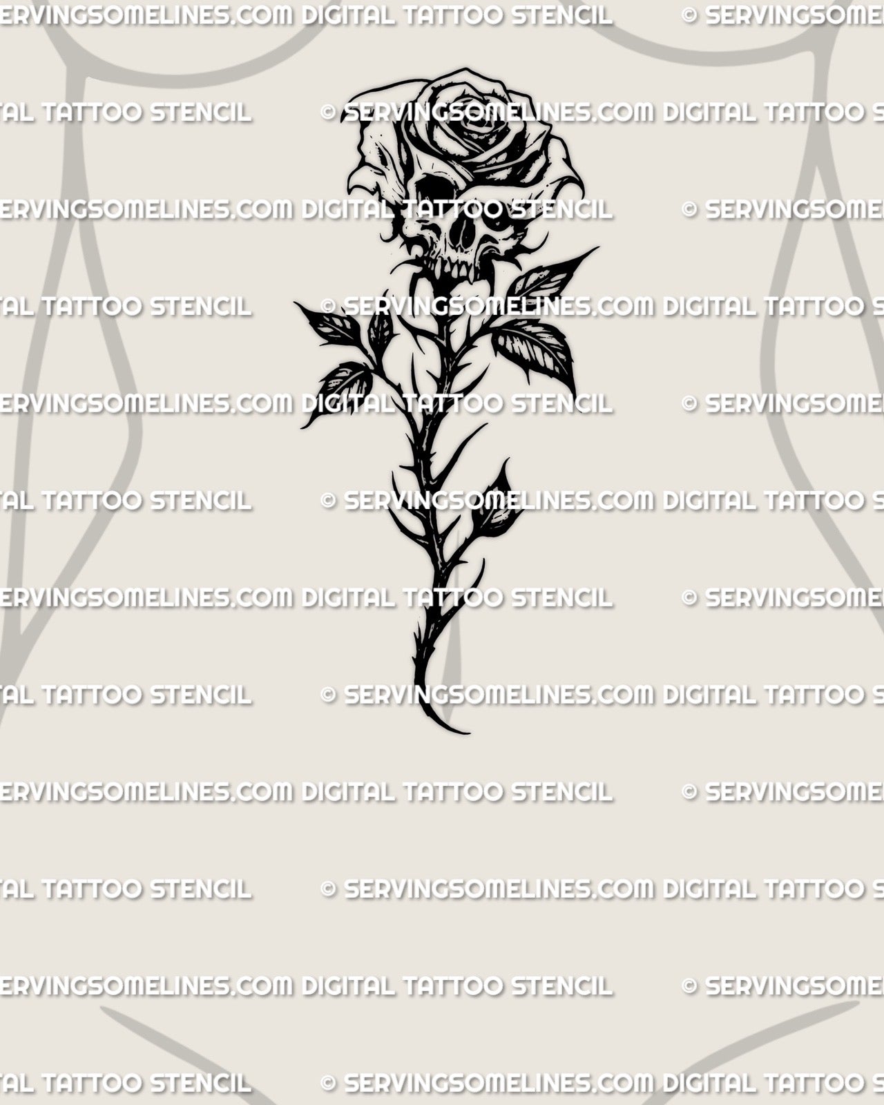 Gothic blackwork skull rose tattoo stencil shown on a woman’s sternum and upper stomach, dark floral skull artwork designed for clean stencil application