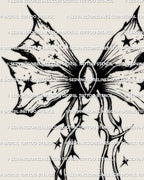 Close-up of gothic ribbon bow tattoo stencil showing thorn linework, filigree curves, and gemstone detail, clean printable stencil
