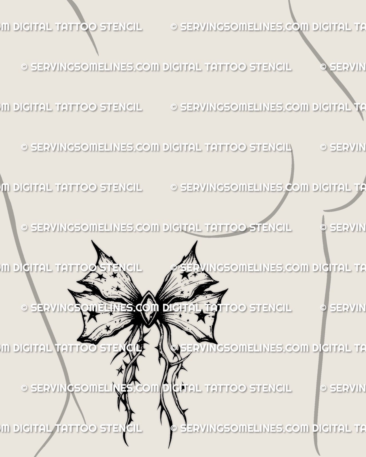 Gothic ribbon bow tattoo stencil on rib placement, elongated ornamental design created for accurate stencil printing
