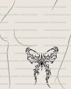 Gothic bow stencil in a cybersigilism style shown on female side breast placement, printable tattoo design download.