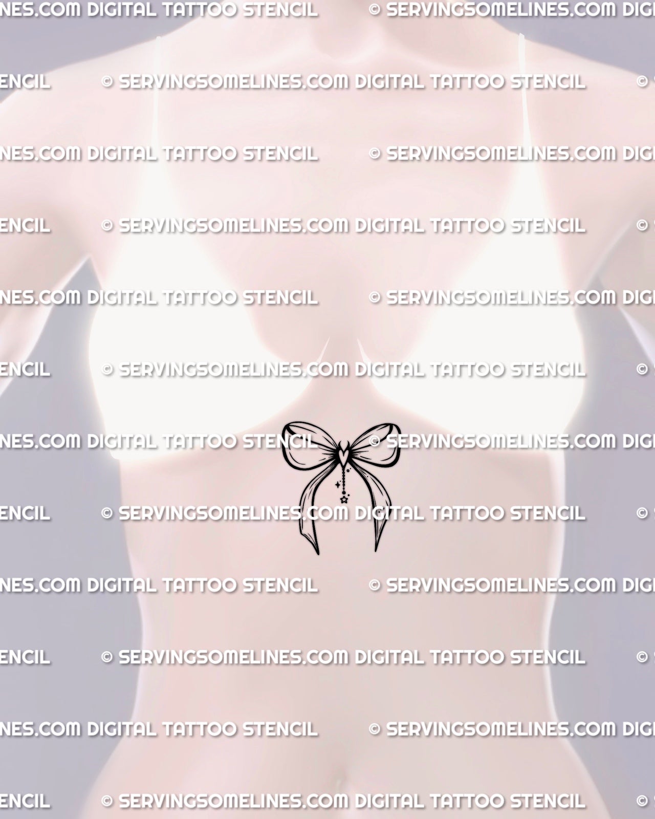 girl displaying a gothic bow tattoo stencil with a devil heart motif placed along the sternum for elegant feminine body framing