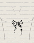 Gothic bow tattoo stencil displayed on womens sternum placement preview, pierced bow design with printable PNG JPG PDF.