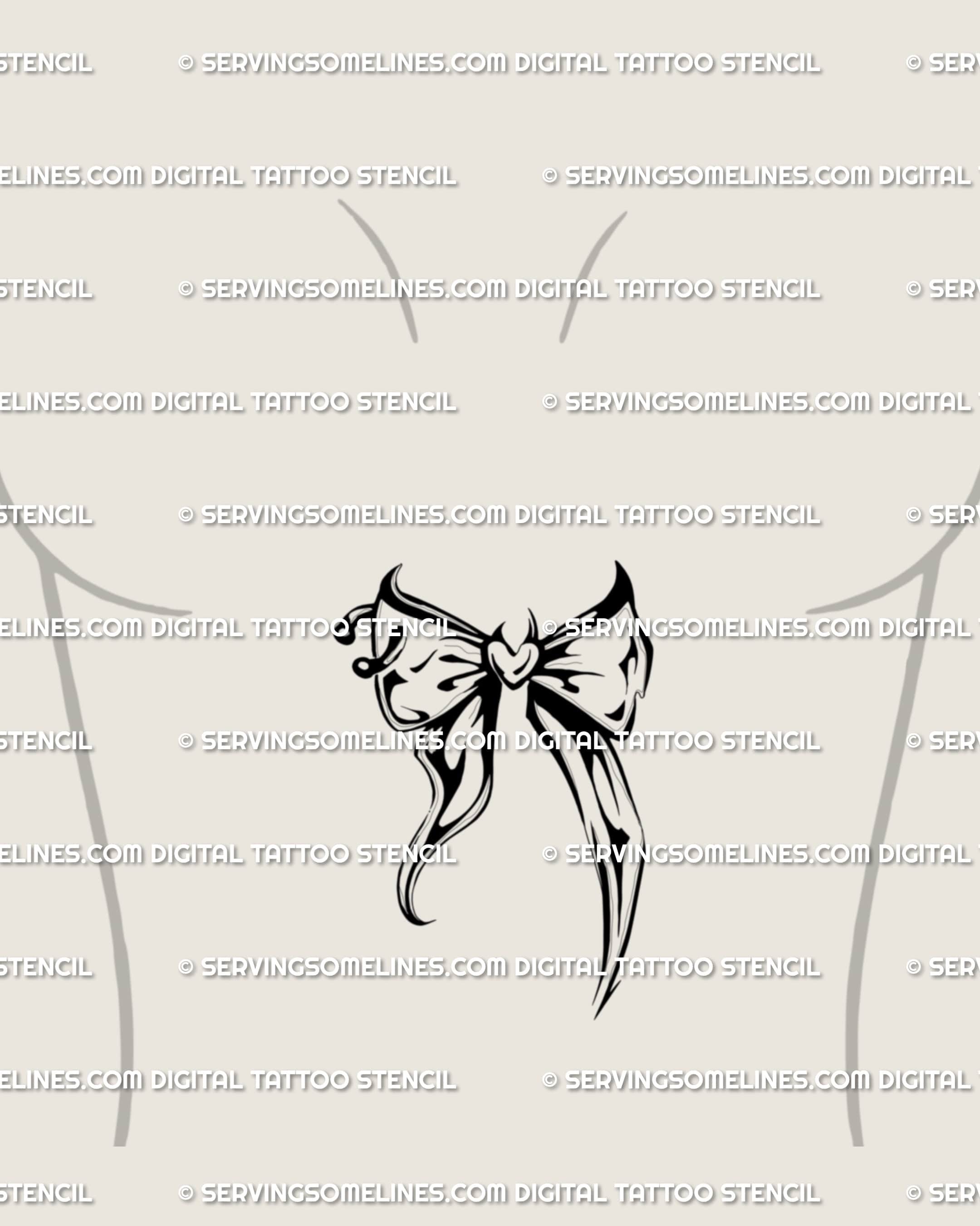 Gothic bow tattoo stencil displayed on womens sternum placement preview, pierced bow design with printable PNG JPG PDF.