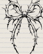 Gothic bow thorn tattoo stencil shown as a feminine ornamental design, light blackwork lines and soft goth detailing meant for elegant placement ideas
