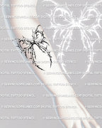 Gothic bow thorn tattoo stencil displayed on a female forearm placement, soft goth style with delicate blackwork curves for a clean vertical look