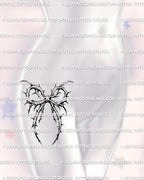Gothic bow thorn tattoo stencil shown on a feminine hip placement, soft goth aesthetic with ornamental lines that fit curved areas of the body