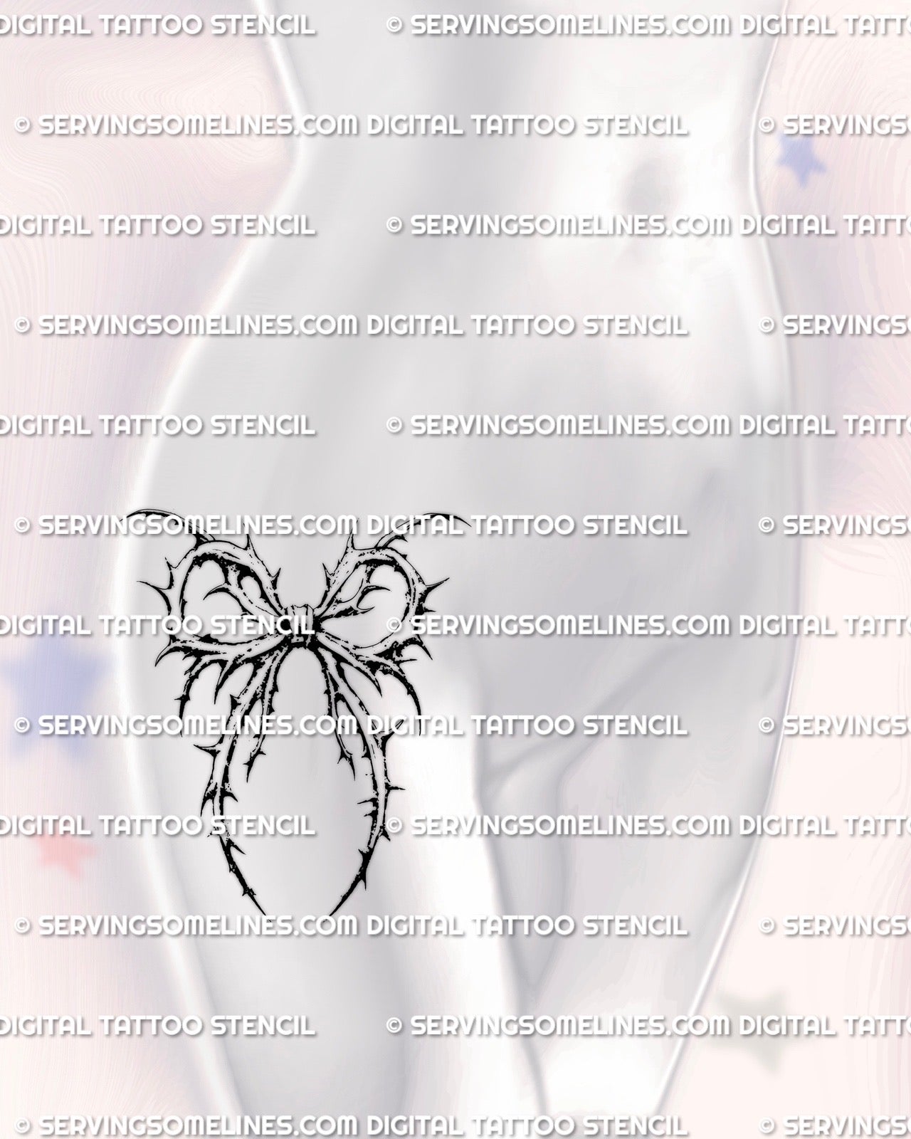 Gothic bow thorn tattoo stencil shown on a feminine hip placement, soft goth aesthetic with ornamental lines that fit curved areas of the body