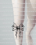 Ornamental gothic ribbon bow tattoo stencil under knee placement, vertical dark design ready for stencil transfer