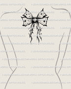 Symmetrical gothic ribbon bow tattoo stencil centered on upper back placement, royal ornamental digital stencil