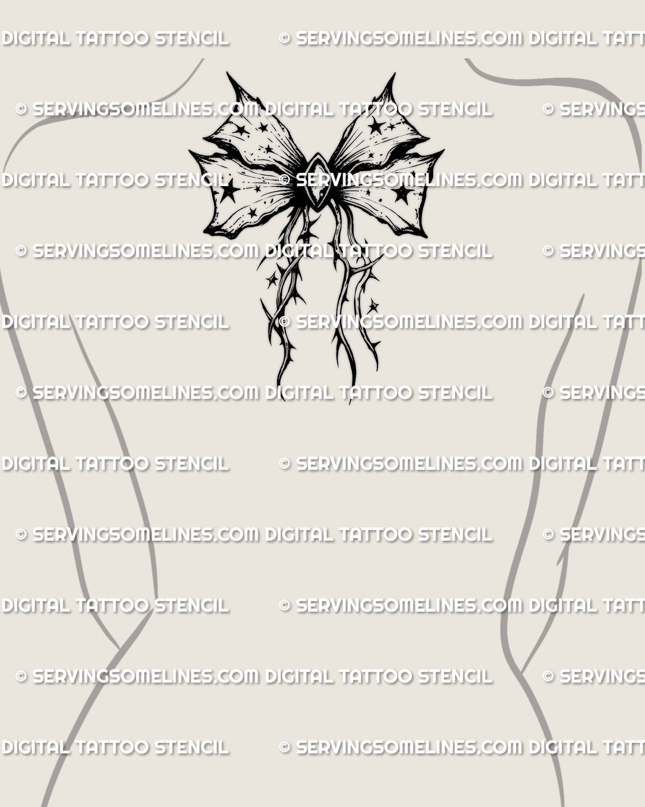 Symmetrical gothic ribbon bow tattoo stencil centered on upper back placement, royal ornamental digital stencil