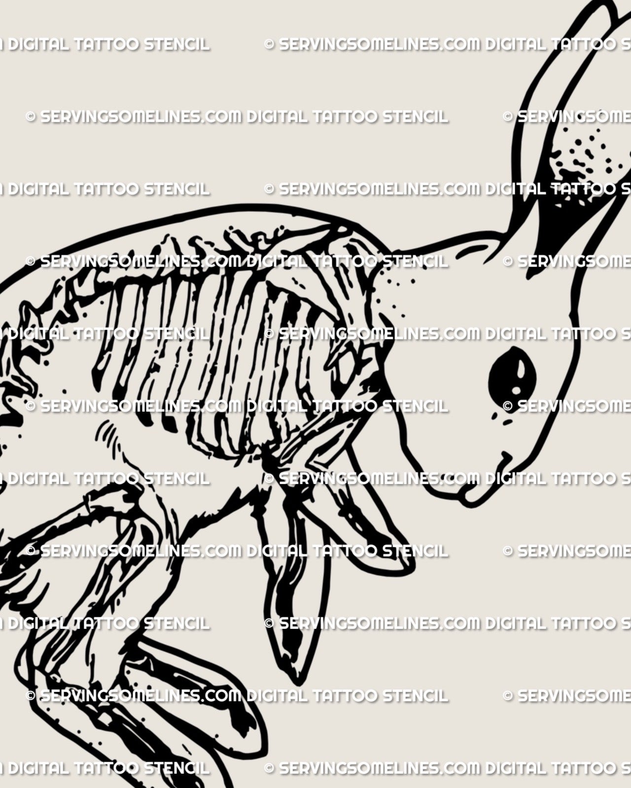 Detailed gothic bunny skeleton tattoo design, creepy cute rabbit bones digital tattoo stencil download.