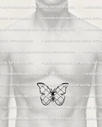 Male sternum mockup displaying the mesh-pattern butterfly stencil centered on the chest, strong lines placed to fit anatomy for a bold modern tattoo