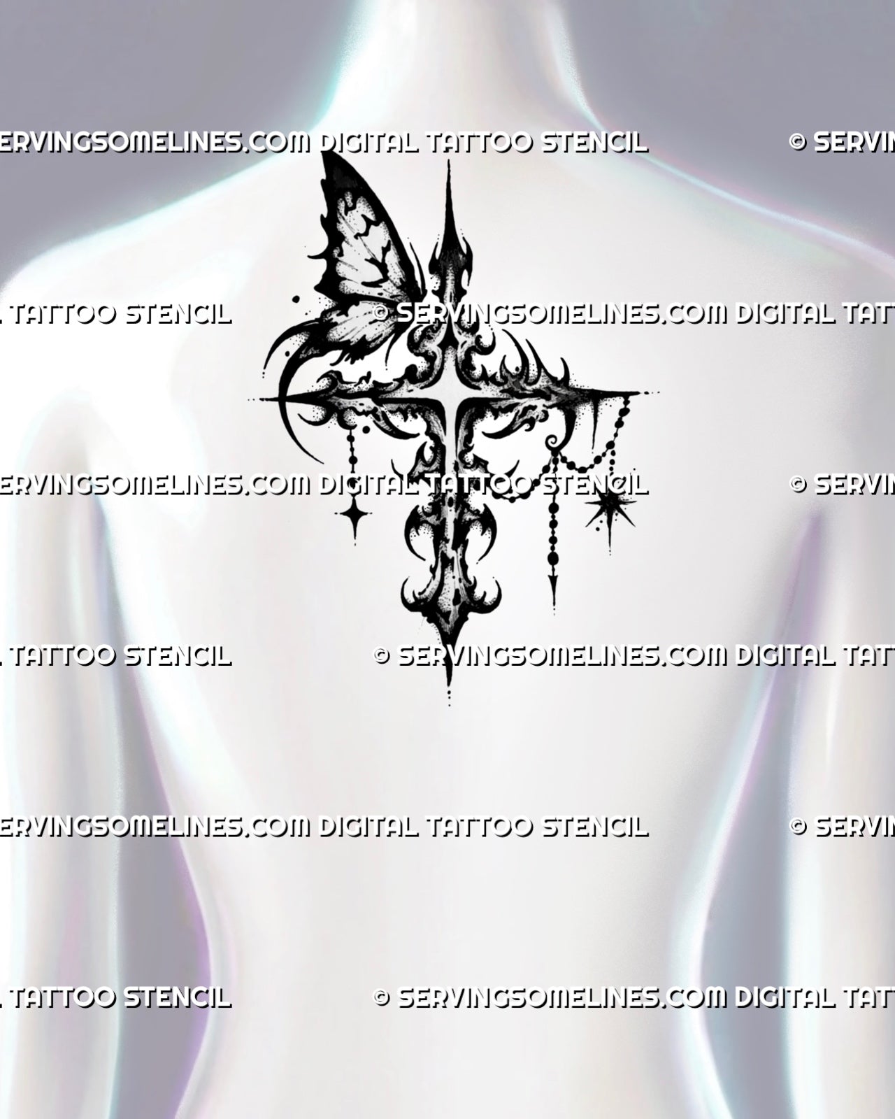 Gothic butterfly cross tattoo stencil on a woman’s upper back with bead chains and dark ornamental linework.