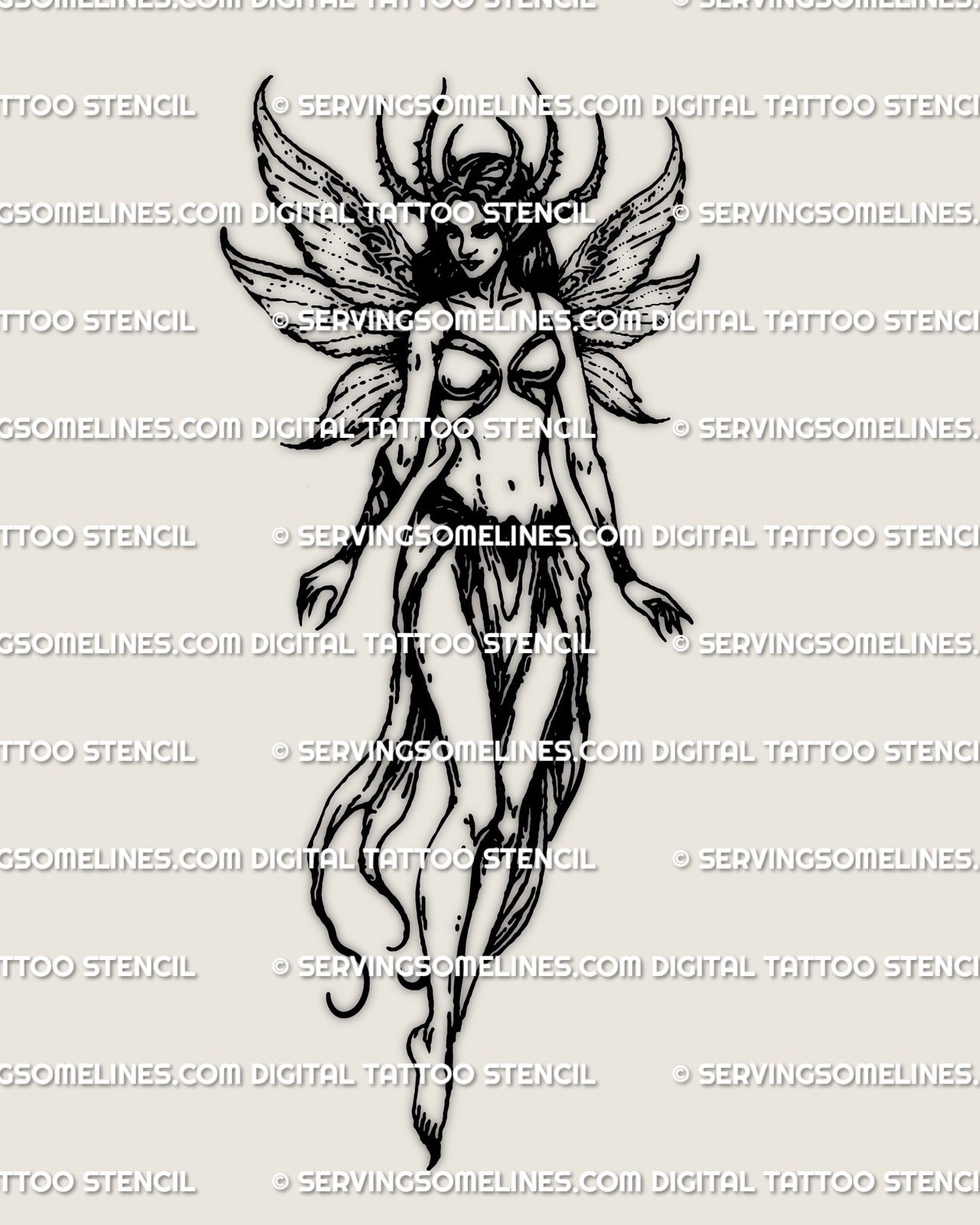 Full dark butterfly fairy tattoo design with gothic wings and flowing fantasy details, high resolution stencil for artists.