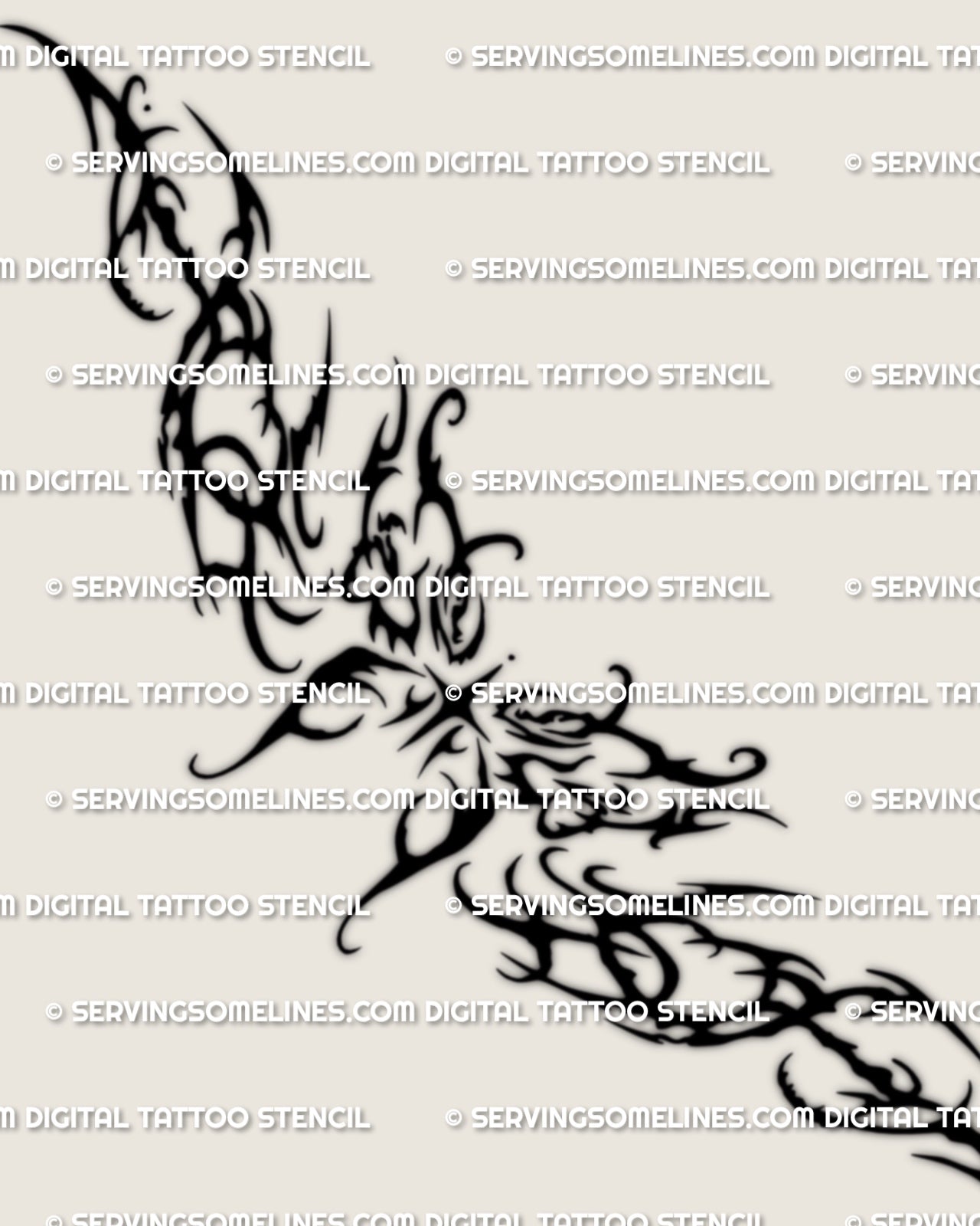 Gothic butterfly lower back tattoo stencil shown as a full design layout, with pointed wings and dark ornamental shaping.