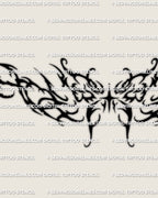 Close detail of the gothic butterfly lower back tattoo stencil, showing dark pointed wing shapes and central body structure.