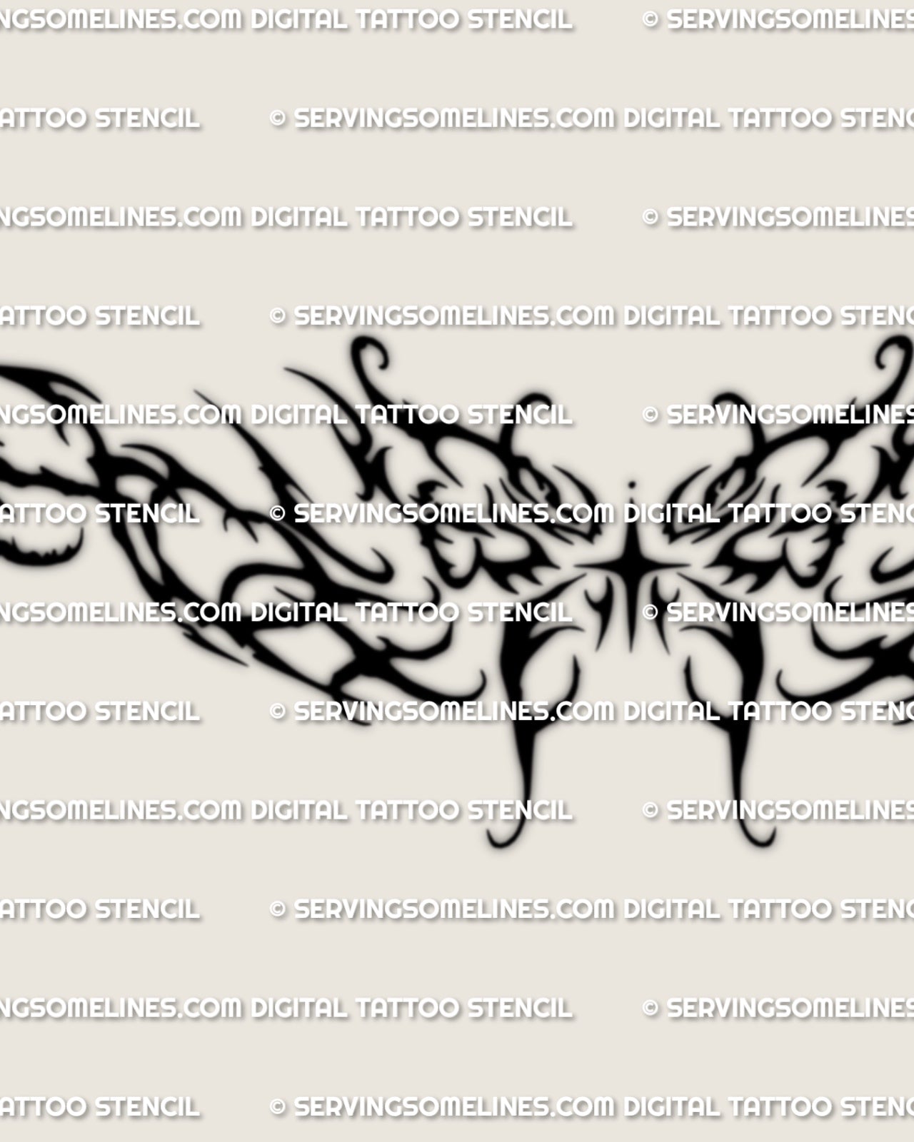 Close detail of the gothic butterfly lower back tattoo stencil, showing dark pointed wing shapes and central body structure.