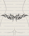 Gothic butterfly lower back tattoo shown on women's lower back placement example, with dark pointed wings and waist-fit spread.