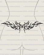 Gothic butterfly lower back tattoo shown on women's lower back placement example, with dark pointed wings and waist-fit spread.