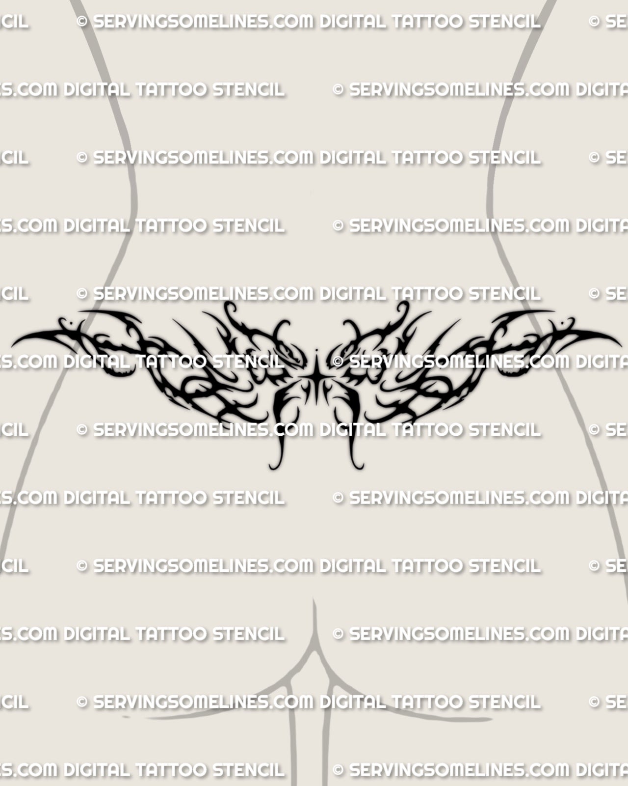 Gothic butterfly lower back tattoo shown on women's lower back placement example, with dark pointed wings and waist-fit spread.