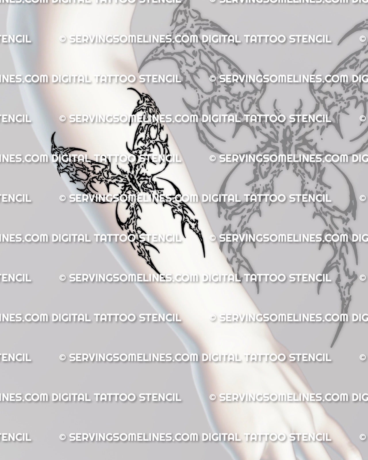 Gothic butterfly tattoo stencil displayed on forearm placement preview, dark butterfly design with printable stencil download files.