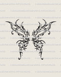 dark ornamental butterfly wing tattoo stencil with spiky abstract shapes and bold gothic linework drawn as a clean digital design
