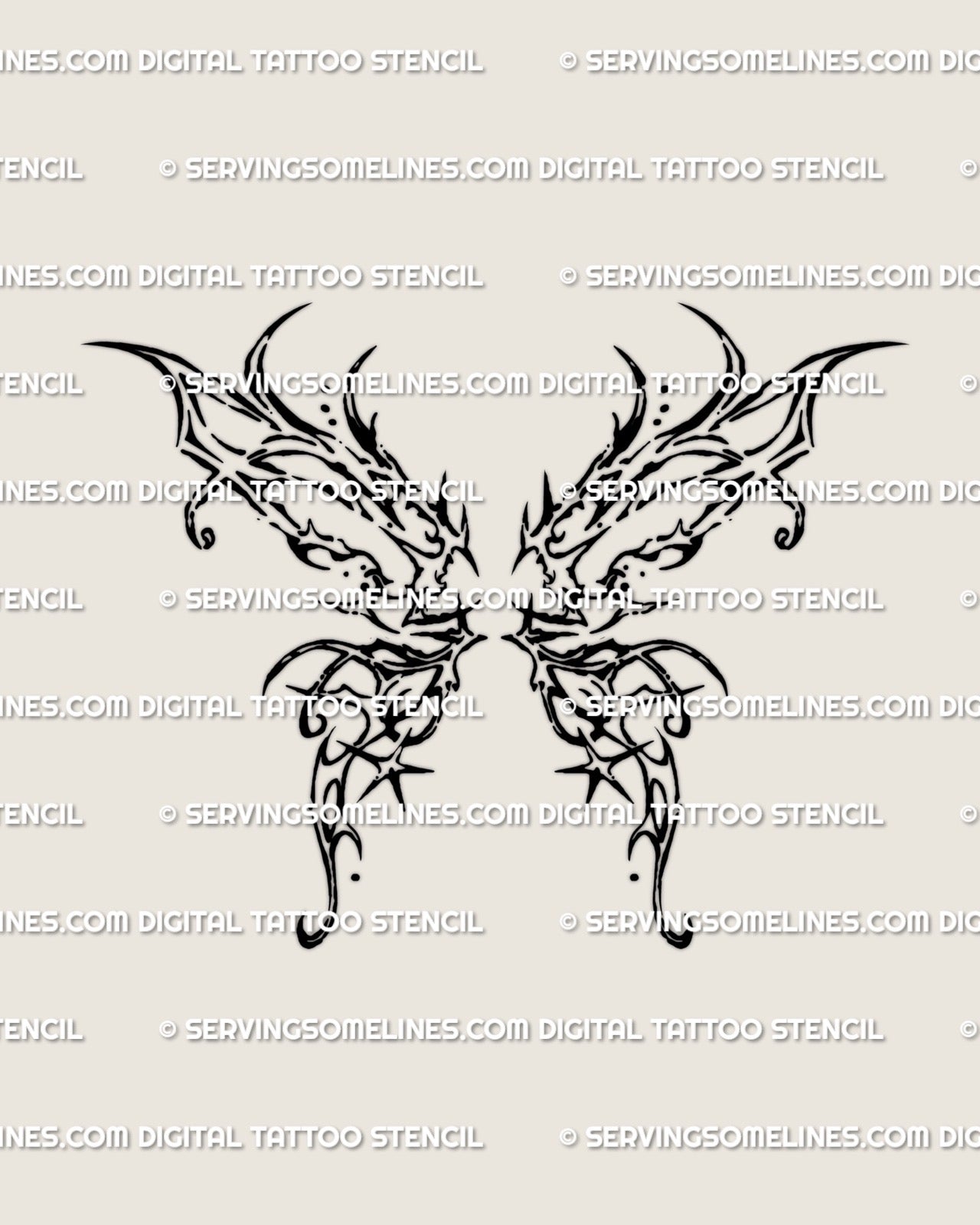 dark ornamental butterfly wing tattoo stencil with spiky abstract shapes and bold gothic linework drawn as a clean digital design
