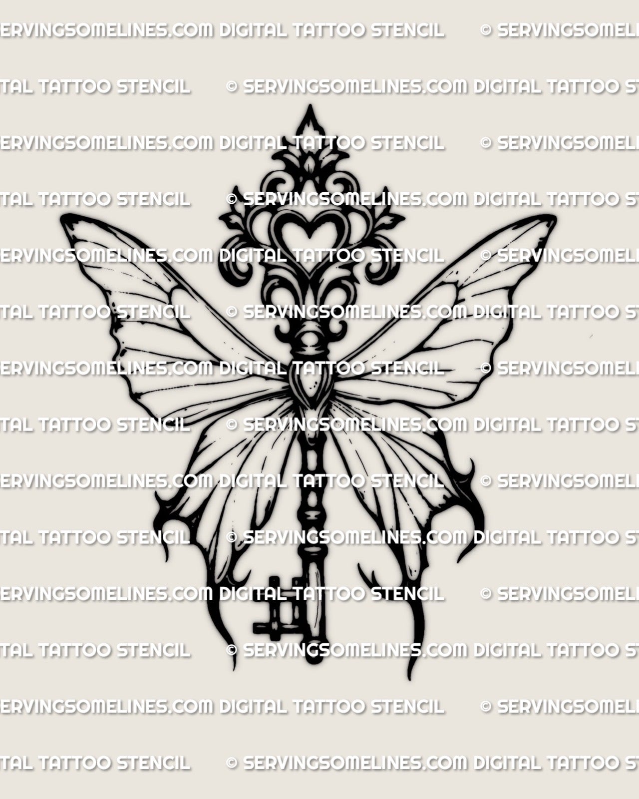 Gothic butterfly key tattoo design, butterfly wings and vertical key spine, butterfly key tattoo stencil on light background.