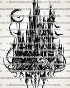 Gothic castle tattoo stencil with moonlit towers, bats, arched gate, mountain base, and dark linework for a large back design.