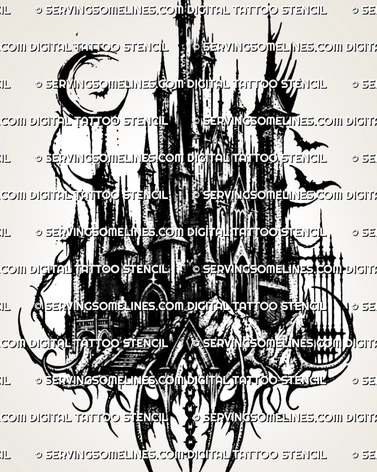 Gothic castle tattoo stencil with moonlit towers, bats, arched gate, mountain base, and dark linework for a large back design.
