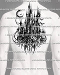 Gothic castle tattoo stencil shown on men's back placement with tall spires, crescent moon, bats, gate details, and dark linework.