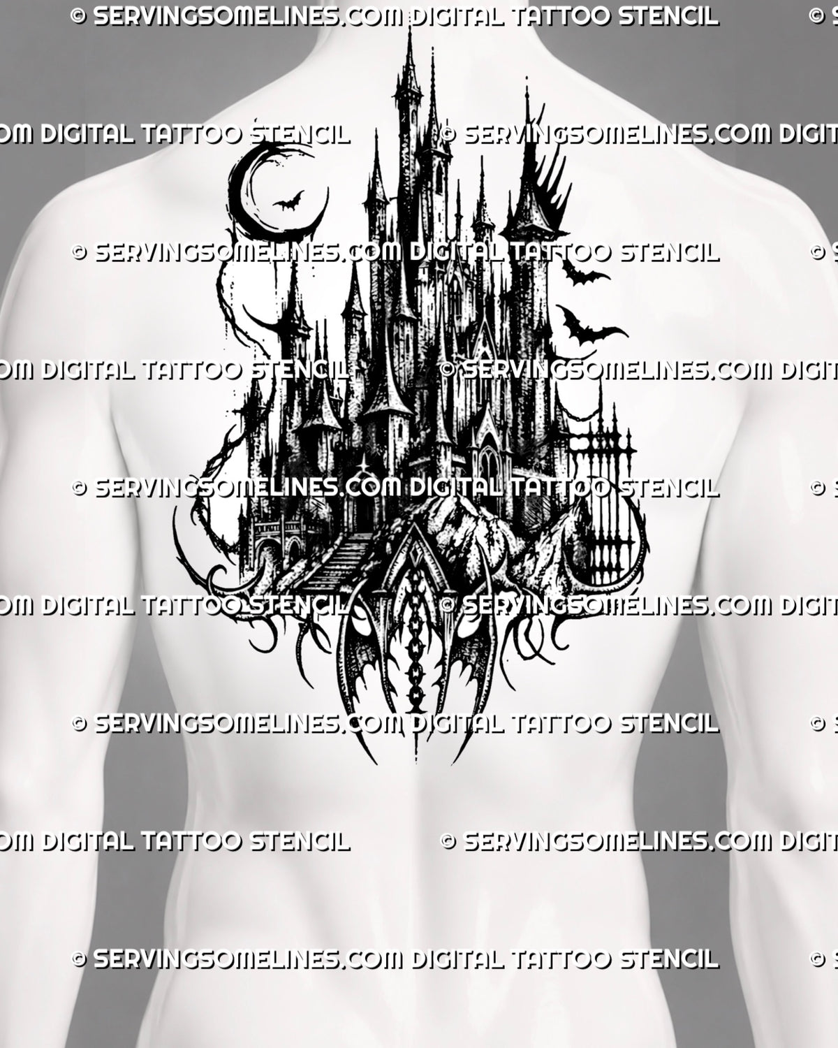 Gothic Castle Back Tattoo Stencil Download – ServingSomeLines